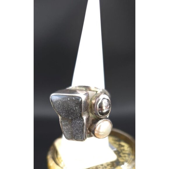 Vintage Brutalist 925 Silver Ring Black Druzy Quartz & Pearls Size 6-3/4 to 7 - Picture 12 of 16